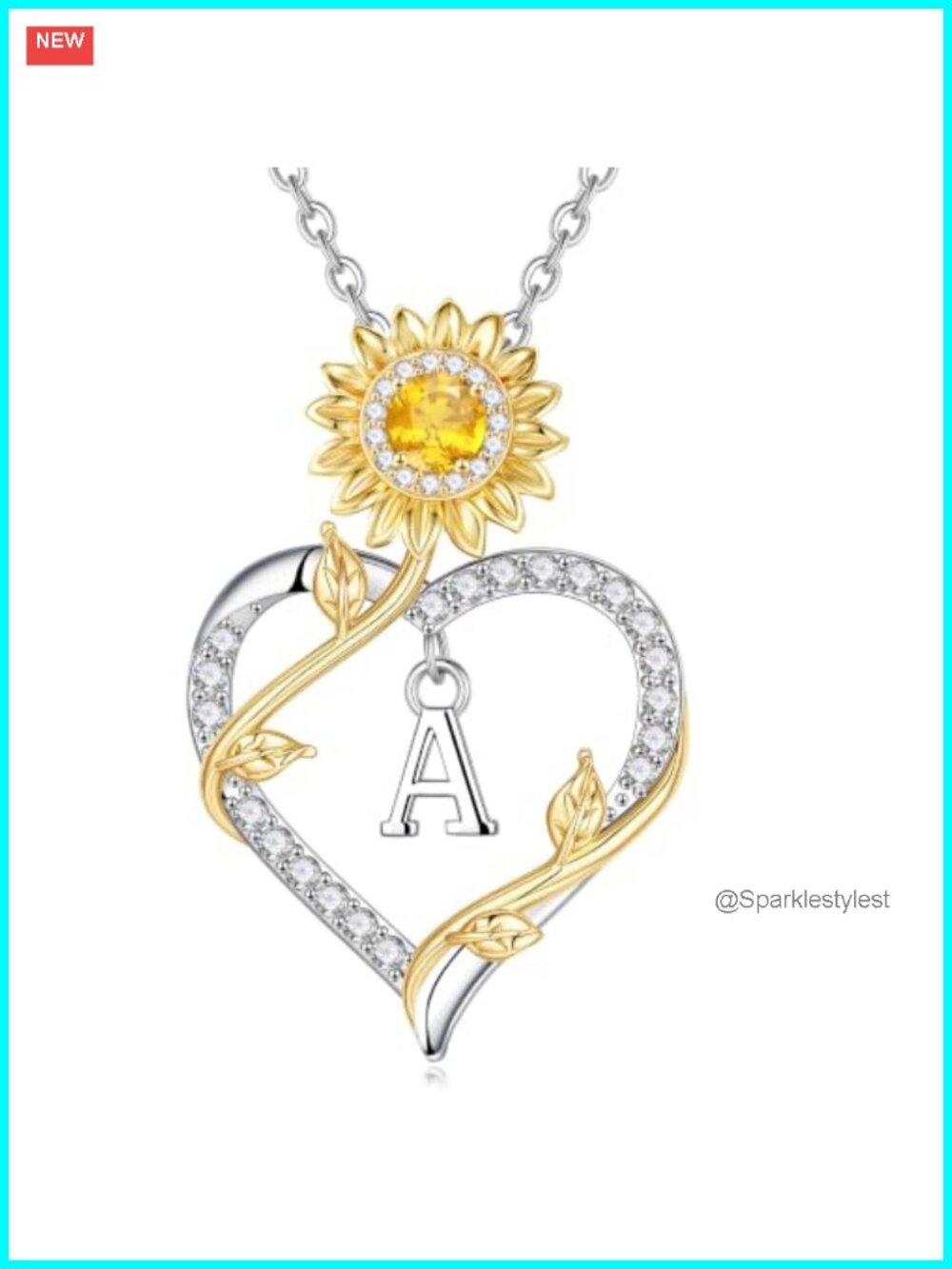 Sunflower Initial Necklace 14K White Gold Plated Brass CZ